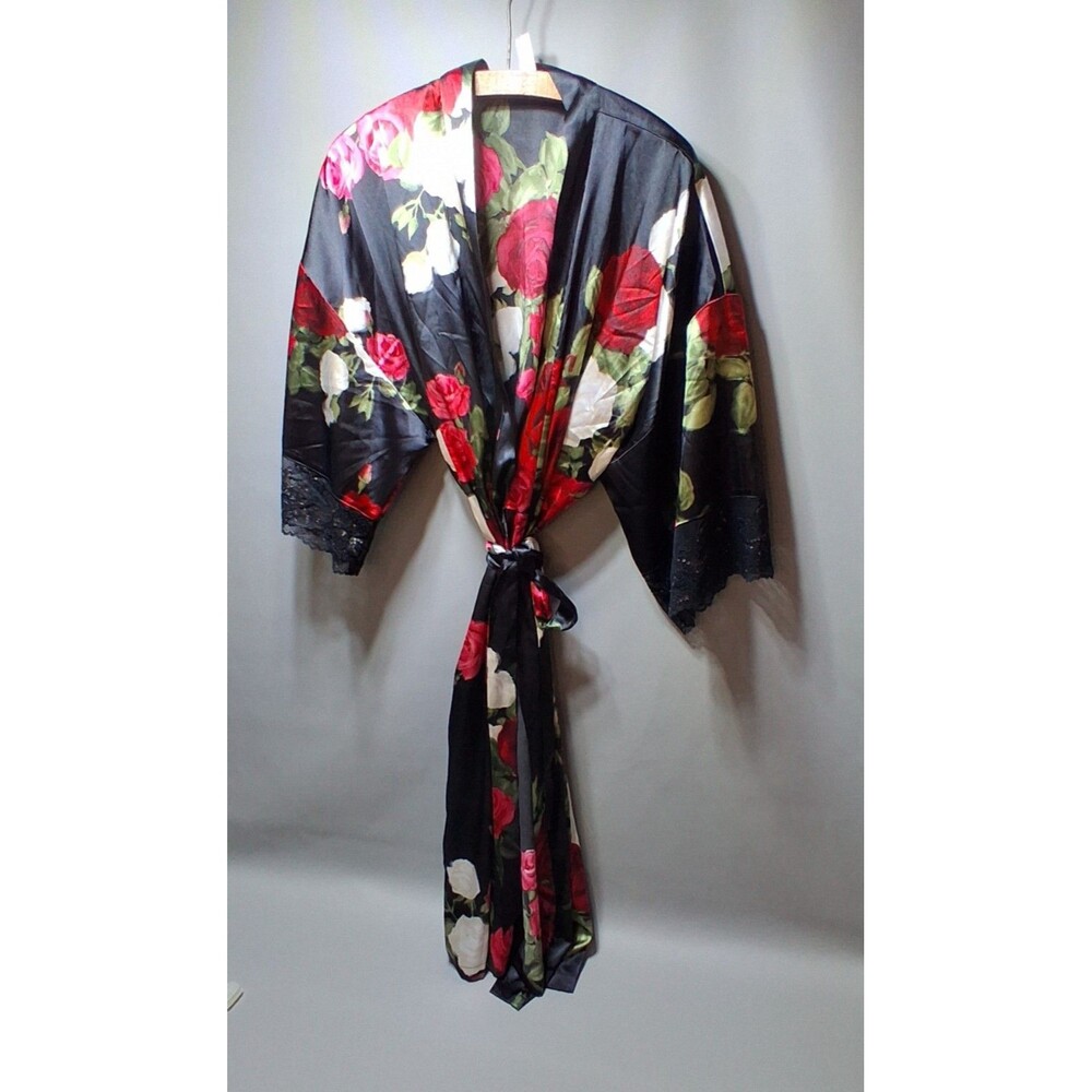 Lilac + London XL Kimono Robe Black Satin Red Floral Rose Lace Trim Sleepwear - Picture 2 of 8